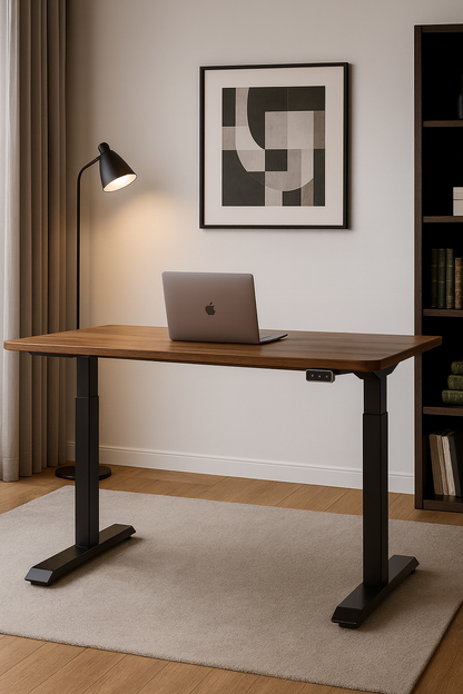 Bureau assis-debout en bois avec ordinateur portable dans un bureau moderne minimaliste.