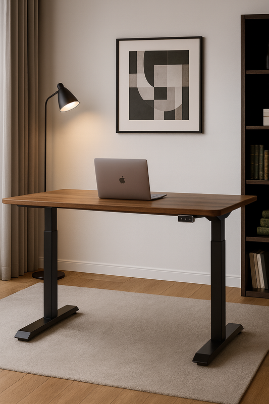 Bureau assis-debout en bois avec ordinateur portable dans un bureau moderne minimaliste.