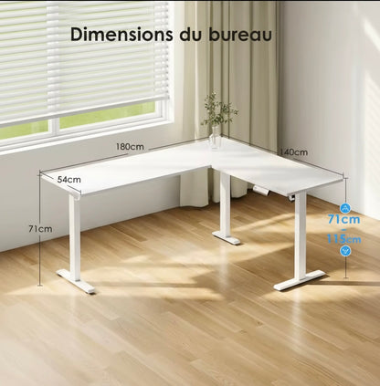 Bureau électrique réglable en hauteur en L 180×140 cm – Design moderne blanc