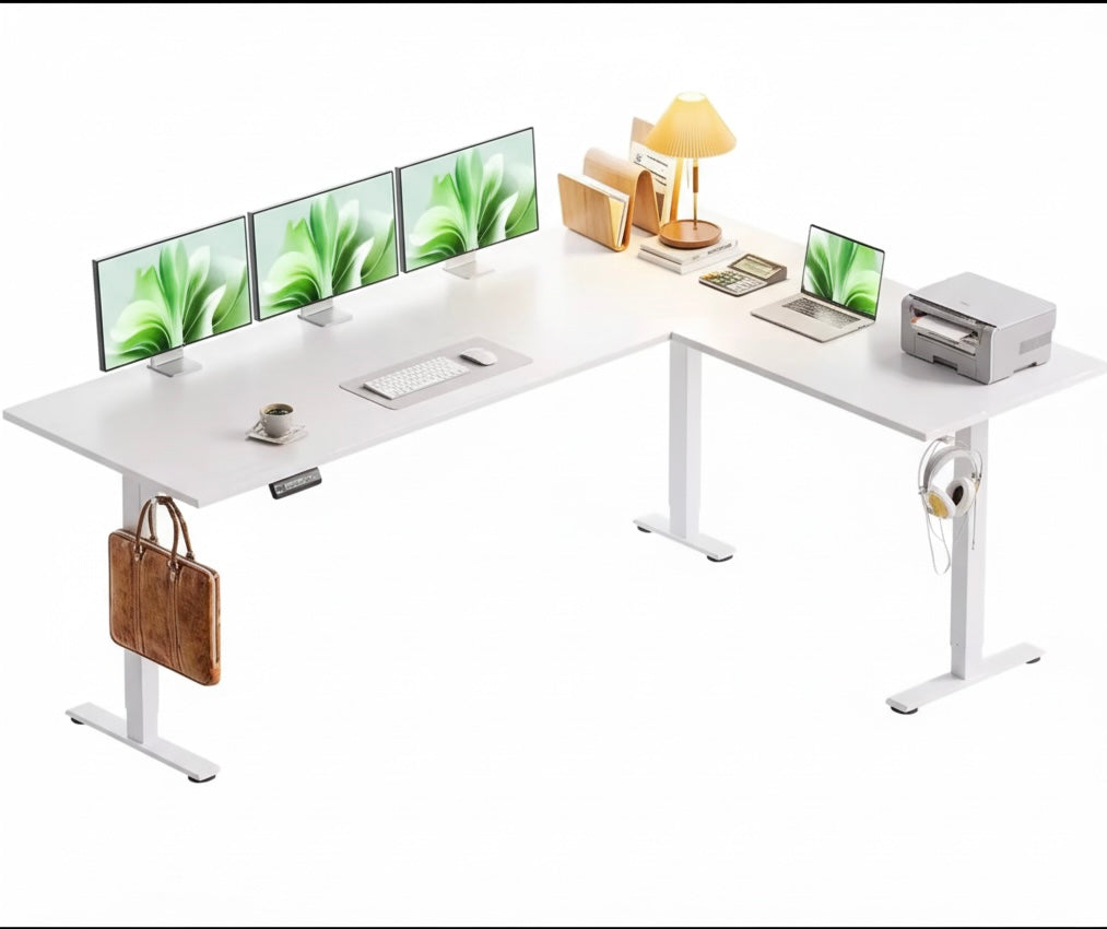 Bureau électrique réglable en hauteur en L 180×140 cm – Design moderne blanc