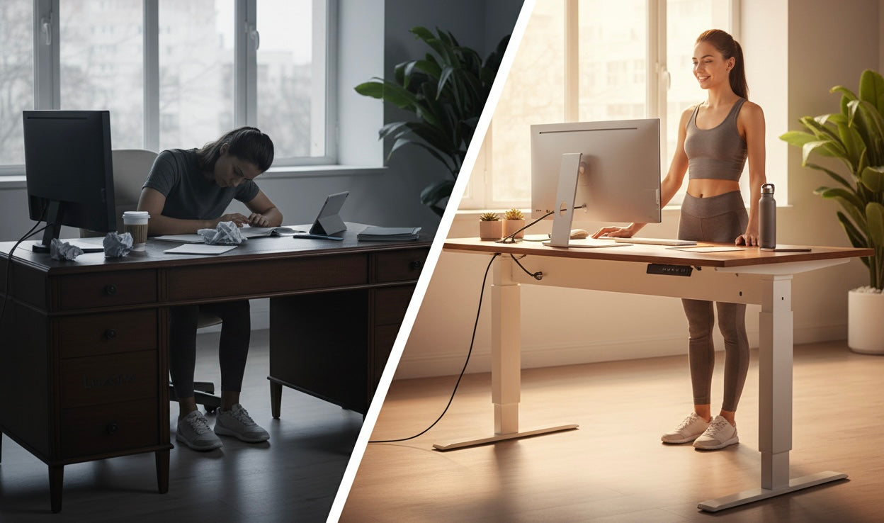 Comparaison avant et après d'une femme au bureau, assise fatiguée puis debout souriante à un bureau ergonomique dans un environnement lumineux.