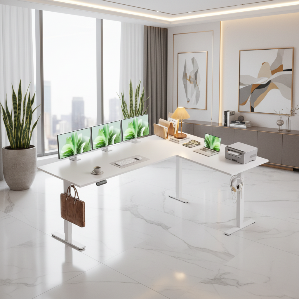 Bureau électrique réglable en hauteur en L 180×140 cm – Design moderne blanc