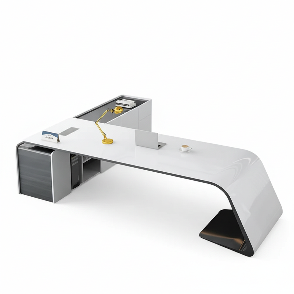 Bureau exécutif blanc design courbe - Vue produit
