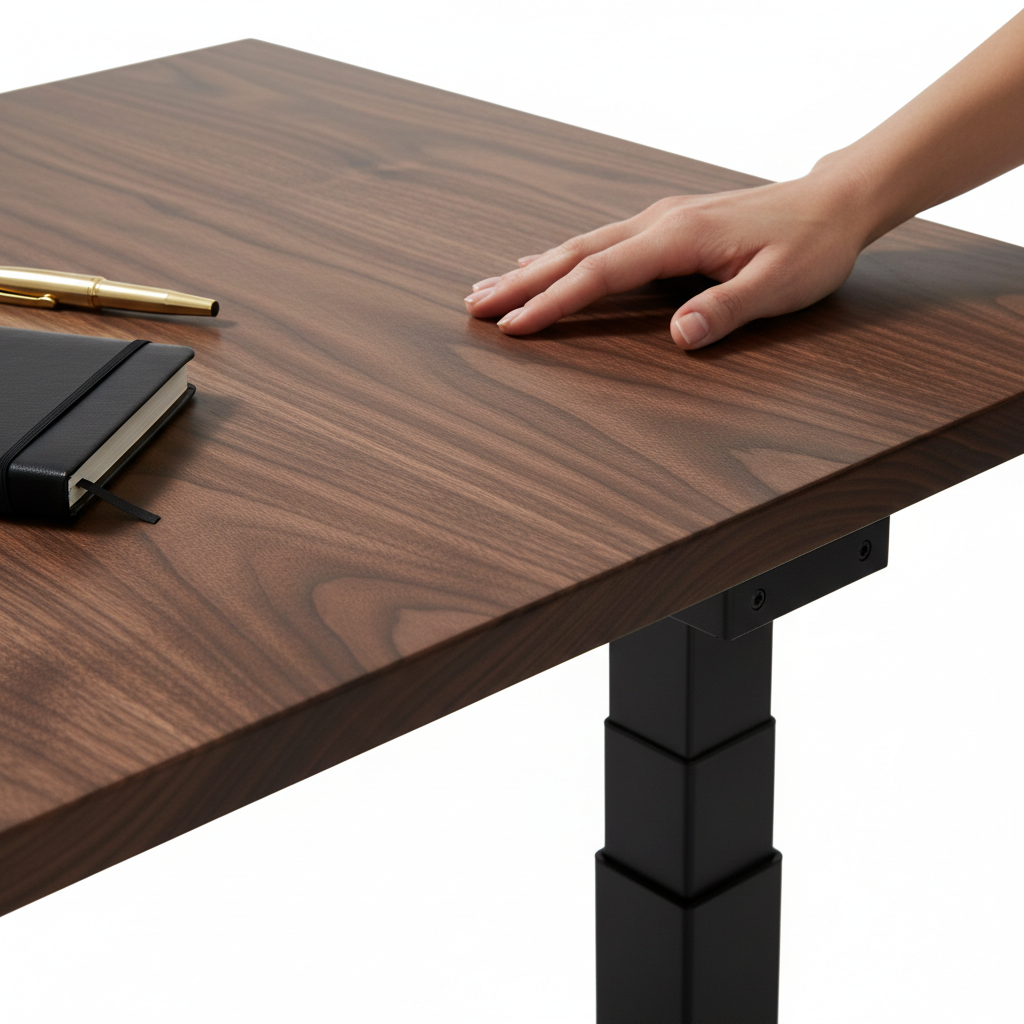 Détail d’un bureau en bois, main posée sur le plateau, carnet et stylo présents