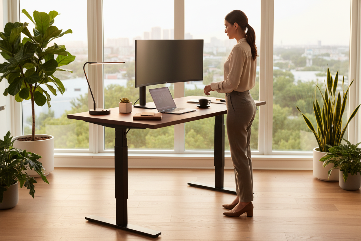 Bureau réglable en hauteur avec écran et ordinateur portable dans un bureau lumineux, plantes vertes autour.