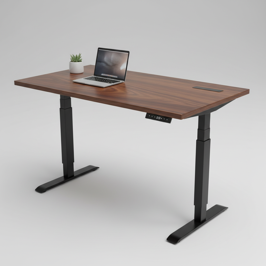 Bureau électrique réglable en bois foncé avec ordinateur portable et plante décorative