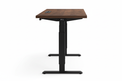 Bureau réglable en hauteur avec plateau bois foncé et pieds noirs, vue de profil