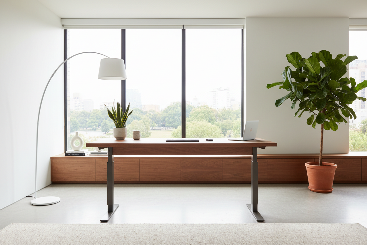 Bureau en bois moderne et élégant, décoré de plantes, lampe blanche, grande fenêtre lumineuse