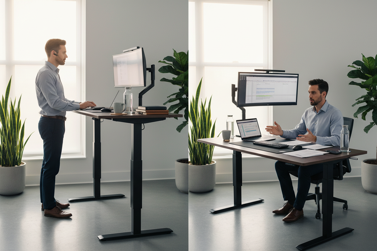 Homme utilisant un bureau assis-debout moderne en bois foncé dans un bureau lumineux, plantes vertes à côté.